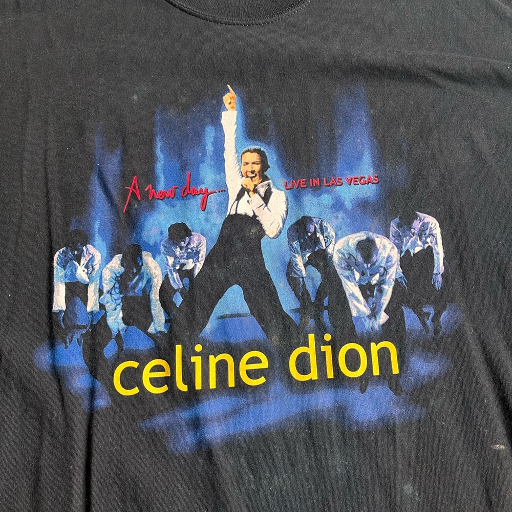 Celine Black Graphic Tee with Blue and Red Accents